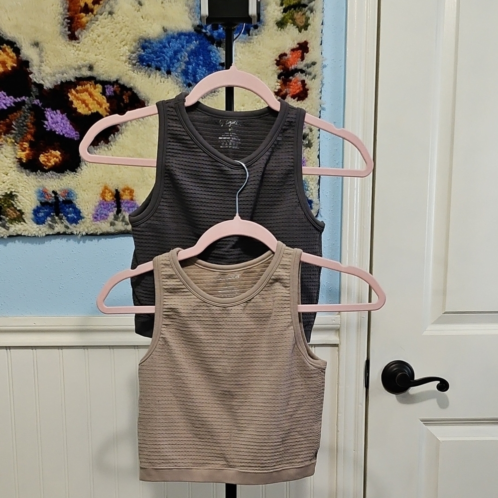 Set of Two Cropped Ribbed Tops in Gray and Tan By Brand by together
